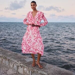 Pink Floral V-Neck Long Sleeve Midi Dress | Zara